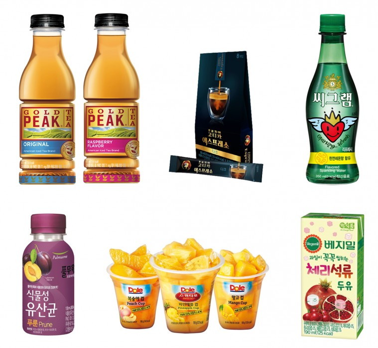 (이미지) 왼쪽 상단 시계방향으로 골드피크티, 조지아 고티카 에스프레소 스틱, 씨그램, 체리석류 두유, 후룻컵, 식물성유산균 푸룬.jpg