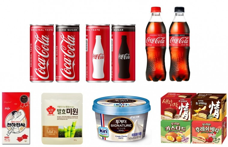 [사진 이미지] (왼쪽에서부터 시계방향으로) 코카-콜라, 오리온 ‘초코파이情’, 빙그레 투게더, 대상 ‘미원’, 진주햄 ‘천하장사’.jpg